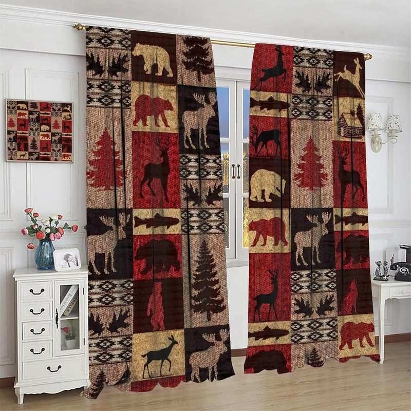 Kazynee Vintage Check Black Bear Rod Pocket Blackout Curtains for Living Room,Noise Reduction Rustic Country Farmhouse Cabin Elk Tree Plaid Window Treatment Drapes,2 Panels 63L x 36W - Image 4